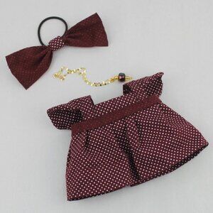 Handcrafted Maroon Labubu Dress with Matching Ear Bow Necklace Outfit Clothes